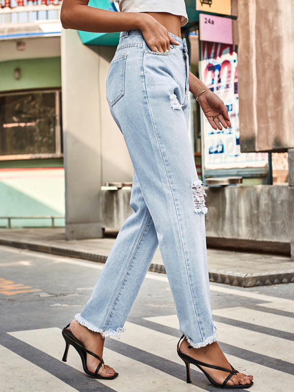 New style denim style ripped trousers women’s casual pants