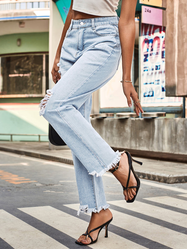 New style denim style ripped trousers women’s casual pants