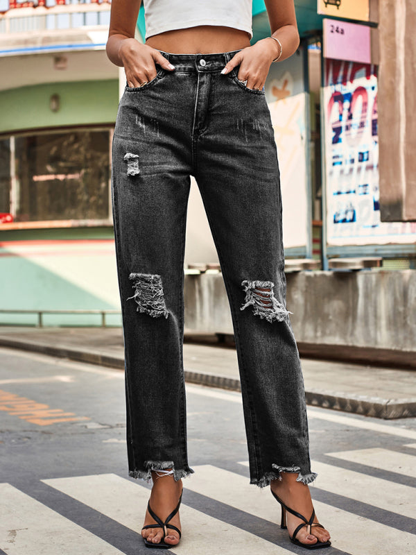 New style denim style ripped trousers women’s casual pants - Black / S