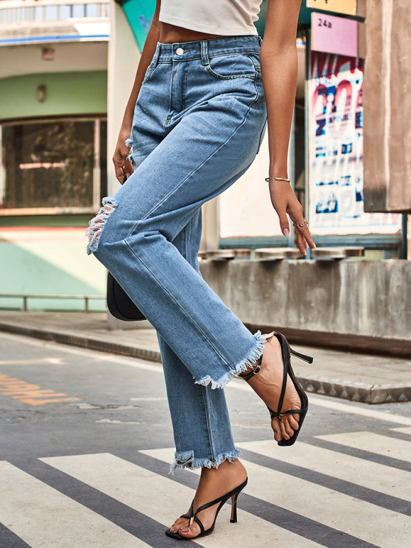 New style denim style ripped trousers women’s casual pants - Purplish blue navy / S