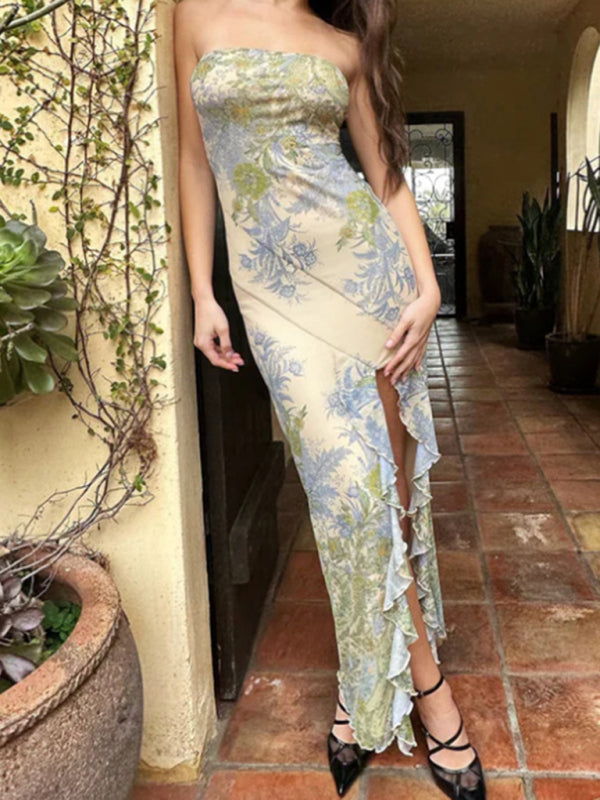 New style elegant mesh printed slim fit tube top dress - Pale green / S