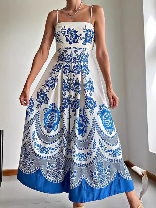 White and blue floral print sundress from New style ethnic style dress collection