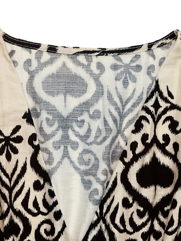 Black and white patterned ethnic casual V-neck high waist long dress with flying sleeves