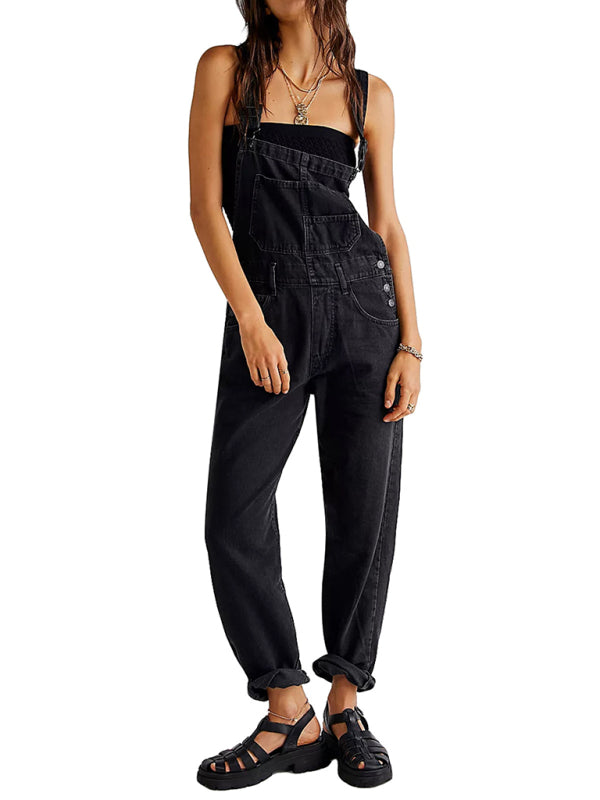 New style jumpsuit casual loose denim overalls trousers - Black / S