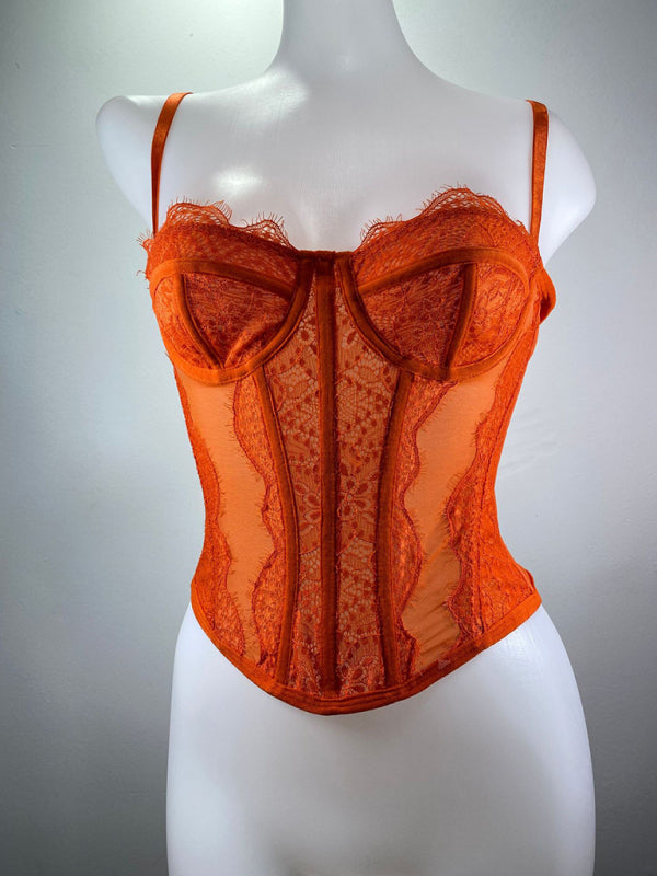 New style lace embroidered fishbone sexy tube top suspender hollow backless outer bra - Orange / S