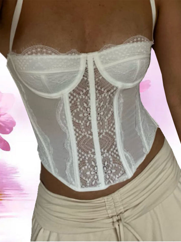 New style lace embroidered fishbone sexy tube top suspender hollow backless outer bra - White / S