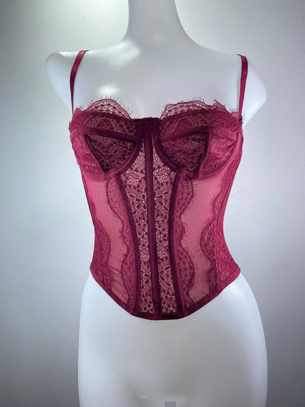 New style lace embroidered fishbone sexy tube top suspender hollow backless outer bra - Wine Red / S