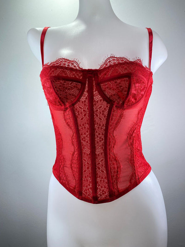 New style lace embroidered fishbone sexy tube top suspender hollow backless outer bra - Red / S