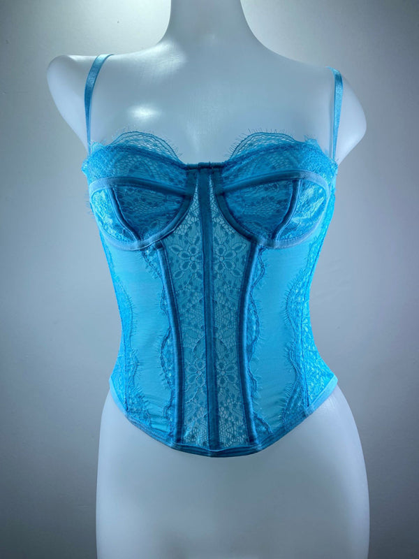New style lace embroidered fishbone sexy tube top suspender hollow backless outer bra - Clear blue / S