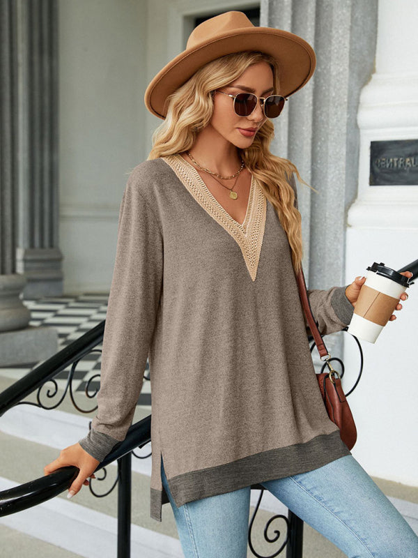 New style lace V-neck contrast color slit loose long-sleeved T-shirt top