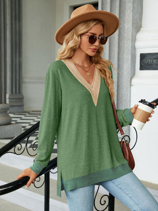 New style lace V-neck contrast color slit loose long-sleeved T-shirt top