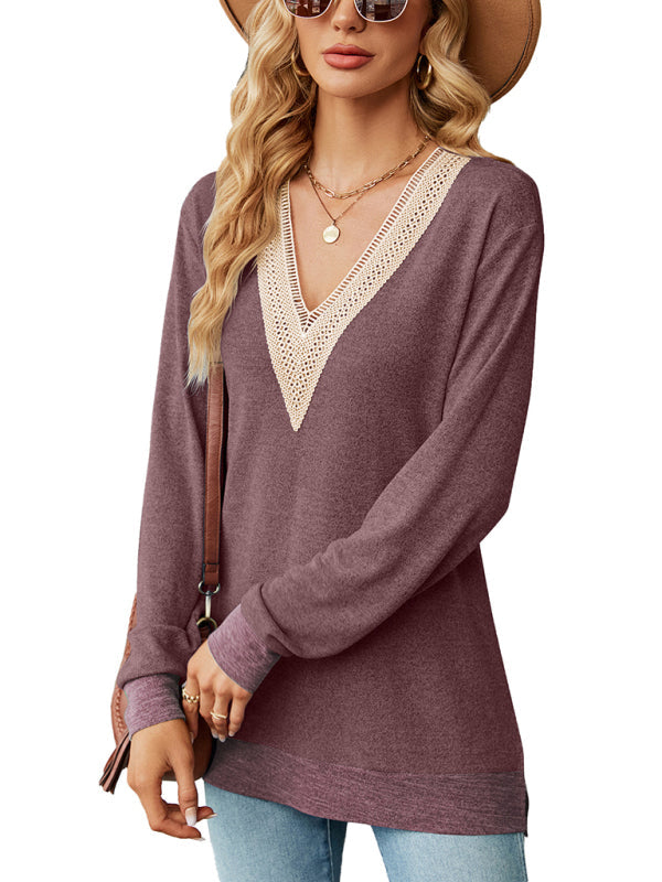 New style lace V-neck contrast color slit loose long-sleeved T-shirt top - Purplish red / S
