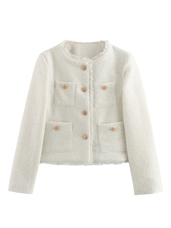 New style metal button pocket slub short outer single breasted top - White / S