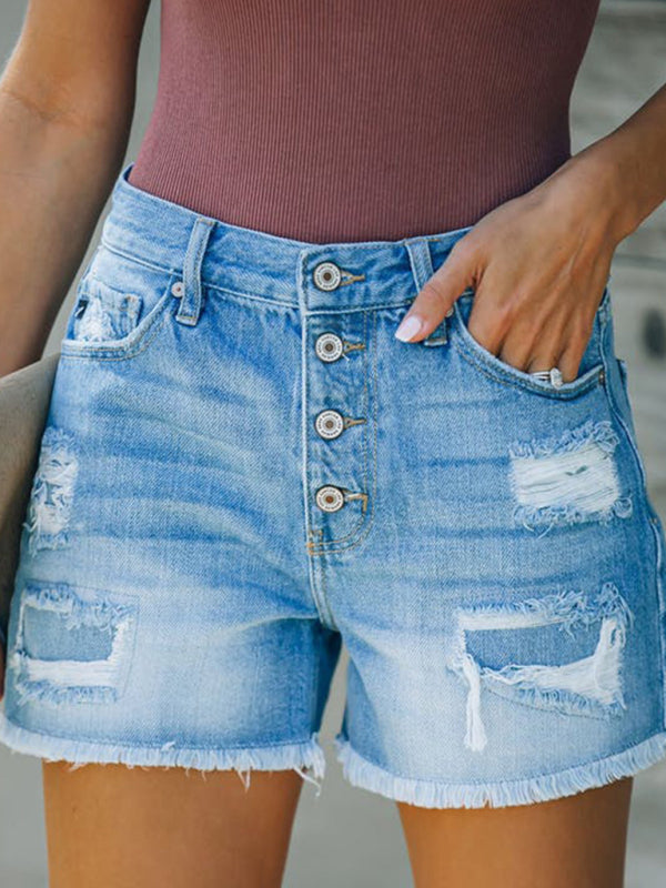 New style ripped patch tassel personality one-row button denim shorts hot pants - Blue / S