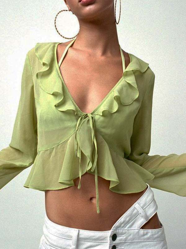 New style ruffled lace-up deep V-neck long-sleeved transparent top - Green / S