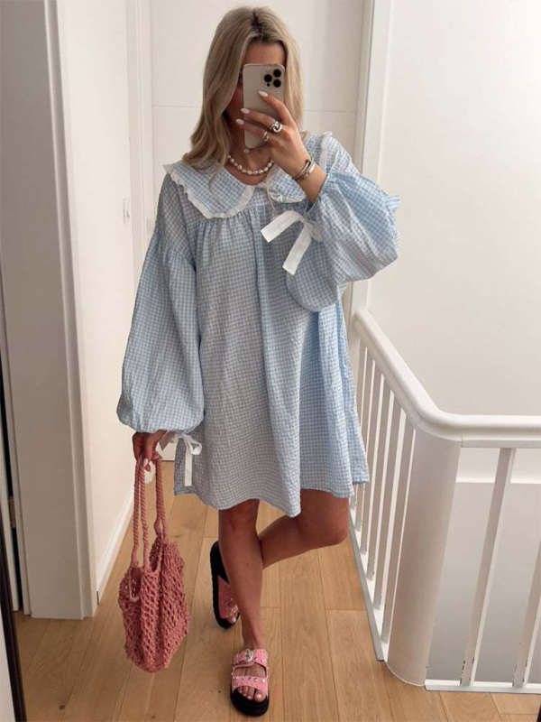 New style shirt doll collar long sleeve versatile lantern sleeve dress - Clear blue / S