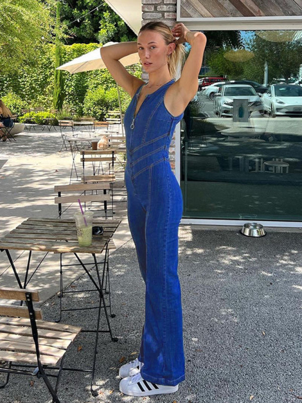 New style slim and slim fashion street style open back retro style high waist denim jumpsuit - Blue / M