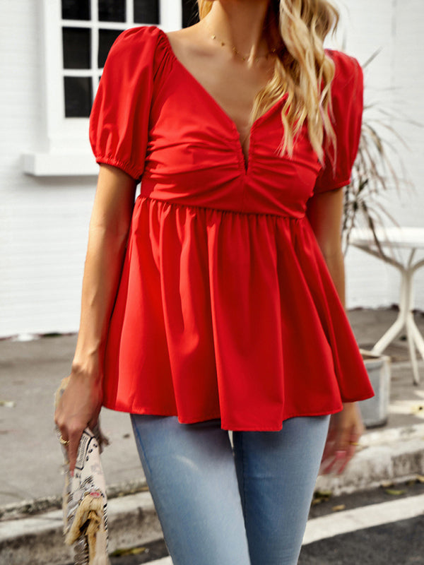 New style solid color shirt temperament commuter V-neck short-sleeved top - Red / S