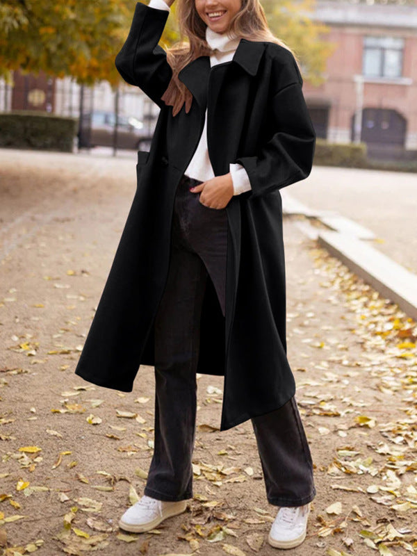 New style suit jacket button commuter long woolen cardigan coat - Black / S