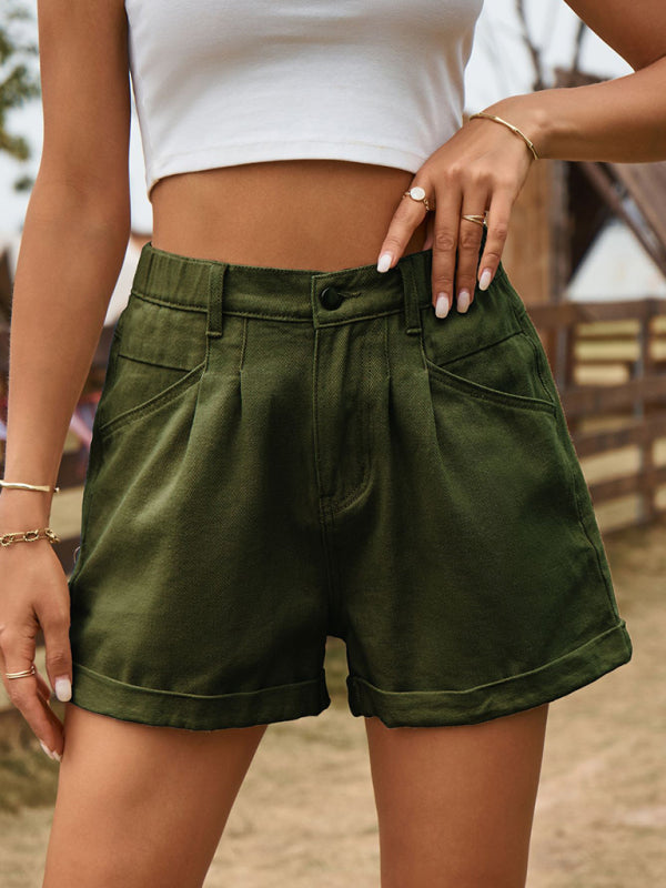 New summer all-match elastic waist design denim shorts casual pants - Olive green / S