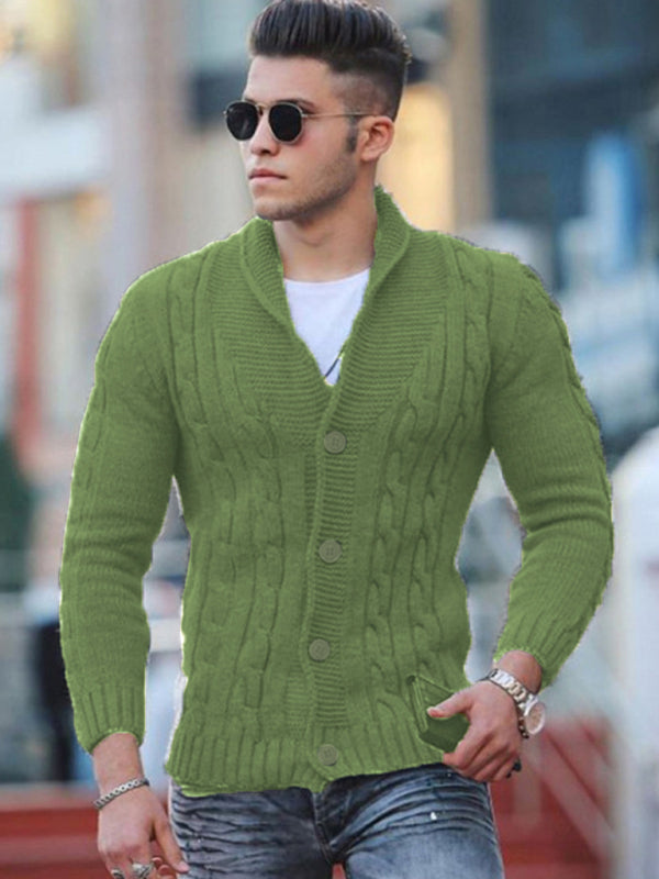New Sweater Men’s Knitted Cardigan Solid Color Slim Men’s Jacket - Olive green / S