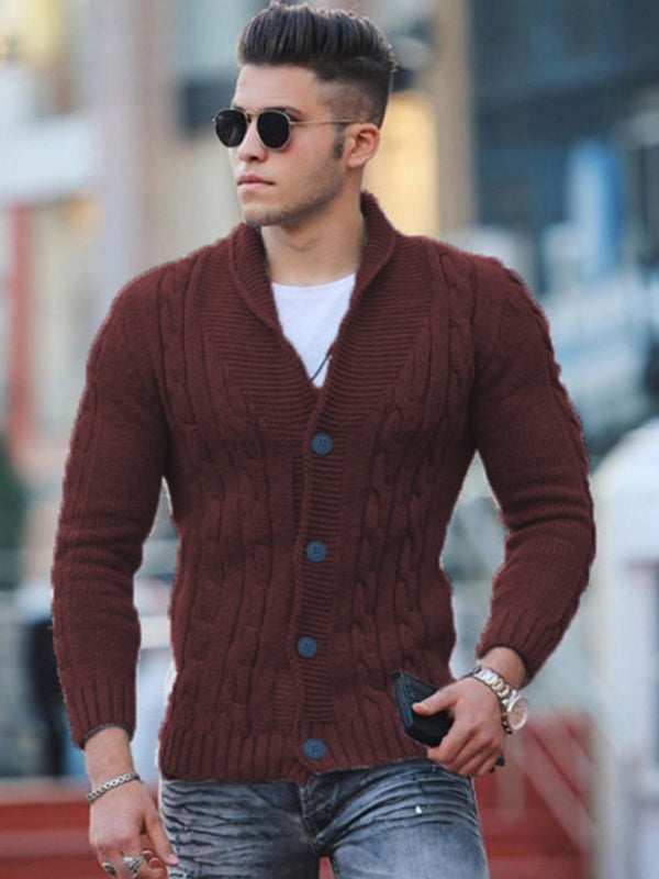New Sweater Men’s Knitted Cardigan Solid Color Slim Men’s Jacket - Wine Red / S