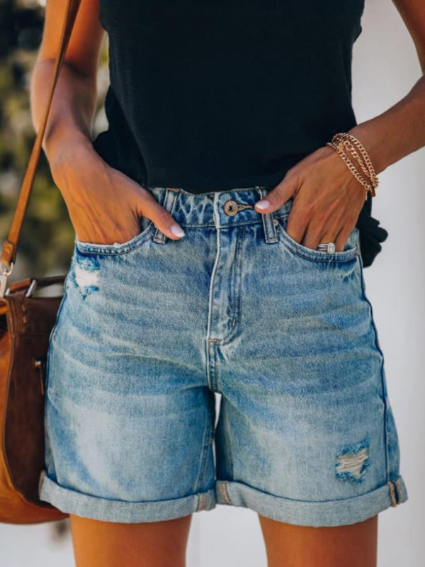 New temperament casual ripped hole rolled edge five point denim shorts - Blue / S