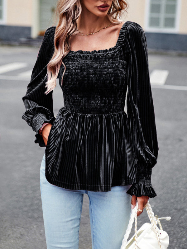 New temperament commuter long-sleeved velvet shirt top - Black / S