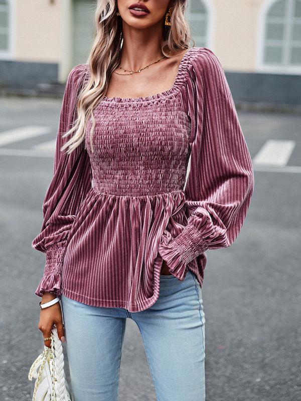 New temperament commuter long-sleeved velvet shirt top - Pink / S