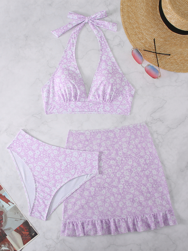New three-piece swimsuit female small floral Bikini - Lavender / S