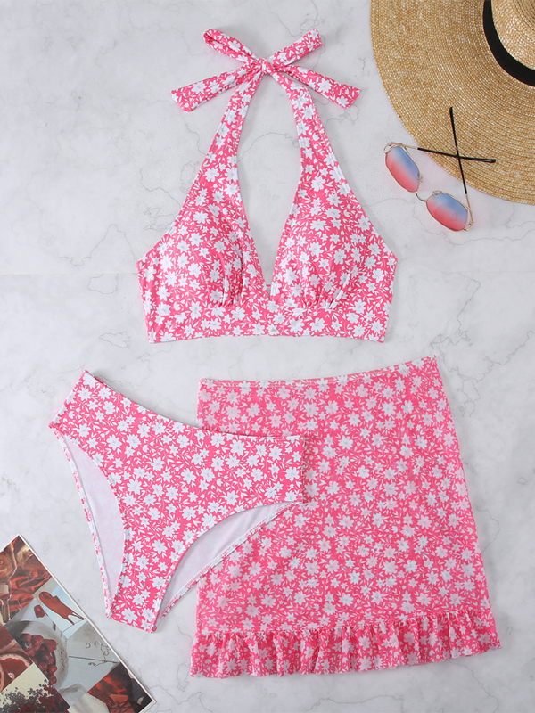 New three-piece swimsuit female small floral Bikini - Pink / S