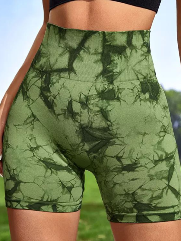 New Tie Dye Fitness High Waist Hip Lifting Tight Sports Yoga Shorts - Olive green / S