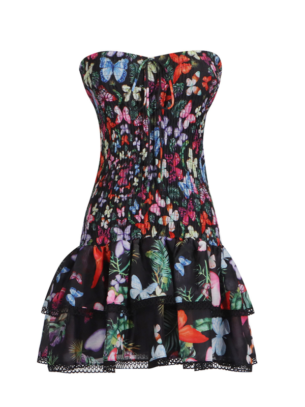 New tube top design ultra short ruffle floral dress - Black / S