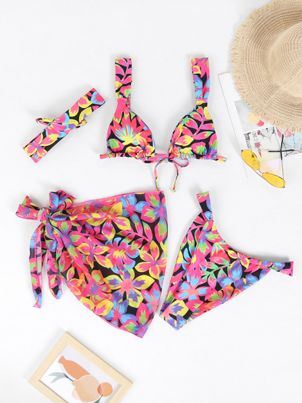 New two-piece swimsuit four-piece sexy backless printed bikini - Black / S