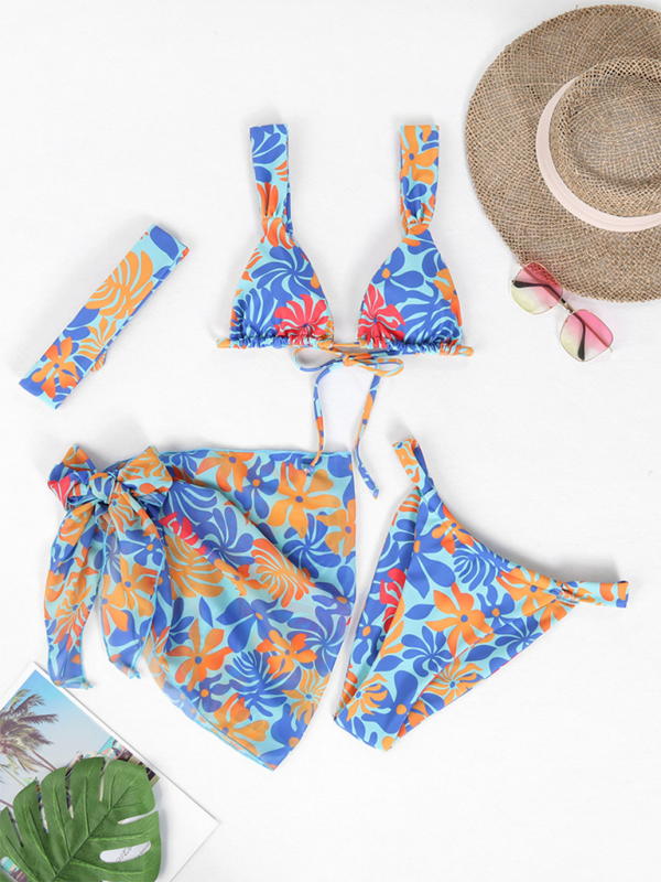 New two-piece swimsuit four-piece sexy backless printed bikini - Blue / S