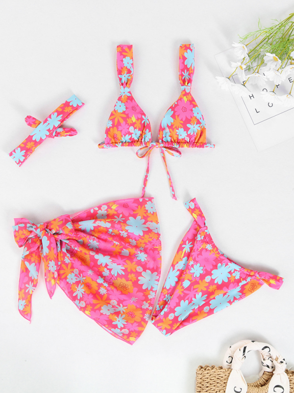 New two-piece swimsuit four-piece sexy backless printed bikini - Pink / S