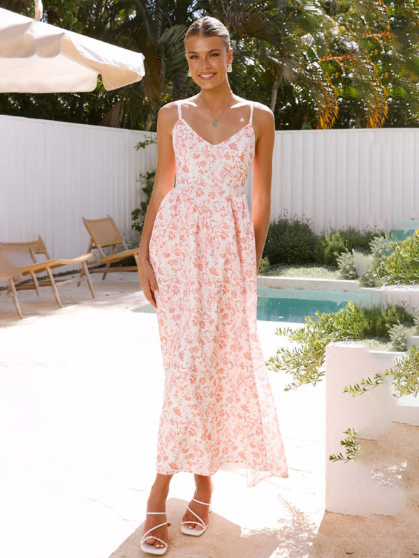 New V-neck waist holiday long dress sexy backless bow tie dress - Pink / S