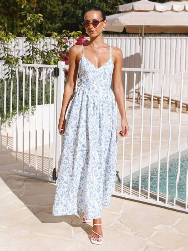 New V-neck waist holiday long dress sexy backless bow tie dress - Sky blue azure / S