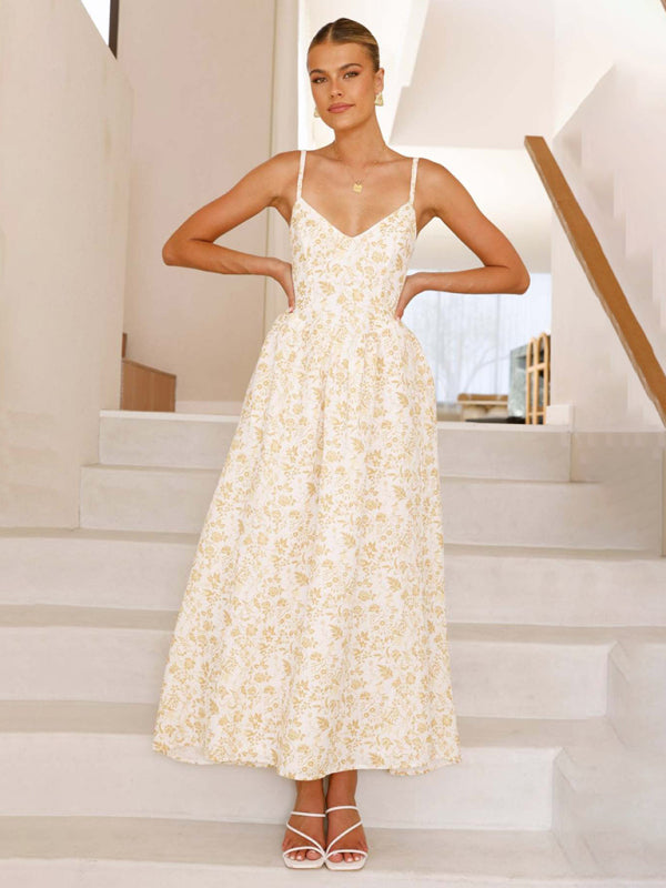 New V-neck waist holiday long dress sexy backless bow tie dress - Yellow / S