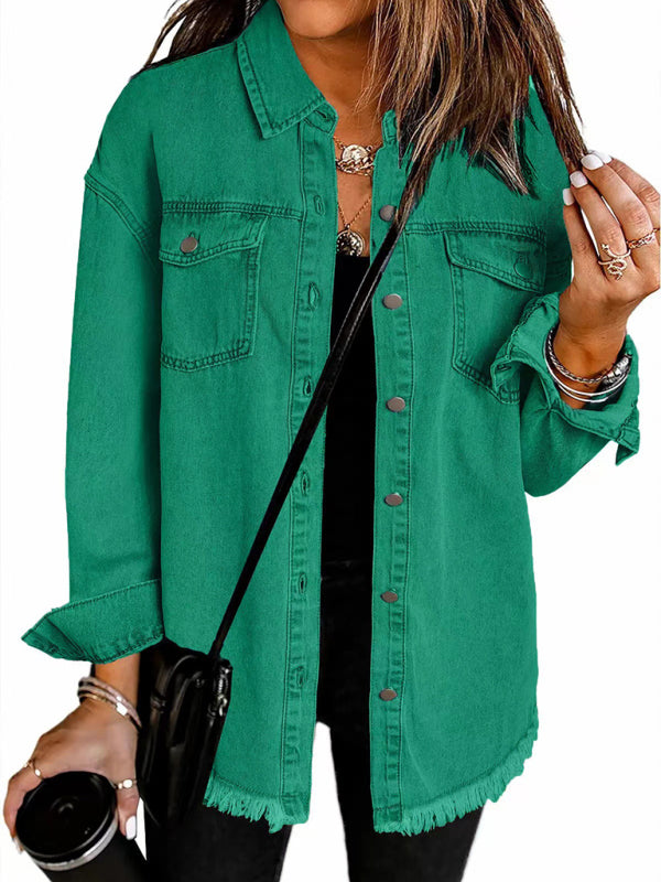 New Washed Denim Shirt Jacket - Green / S