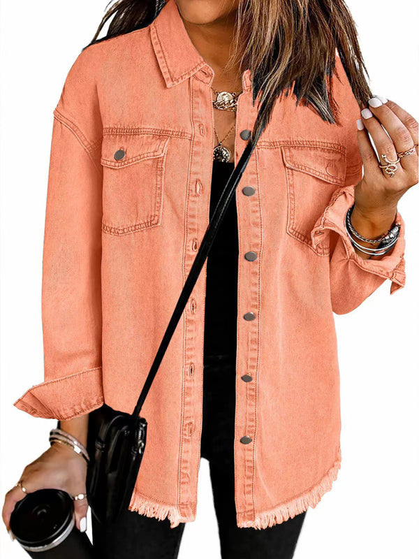 New Washed Denim Shirt Jacket - Orange / S