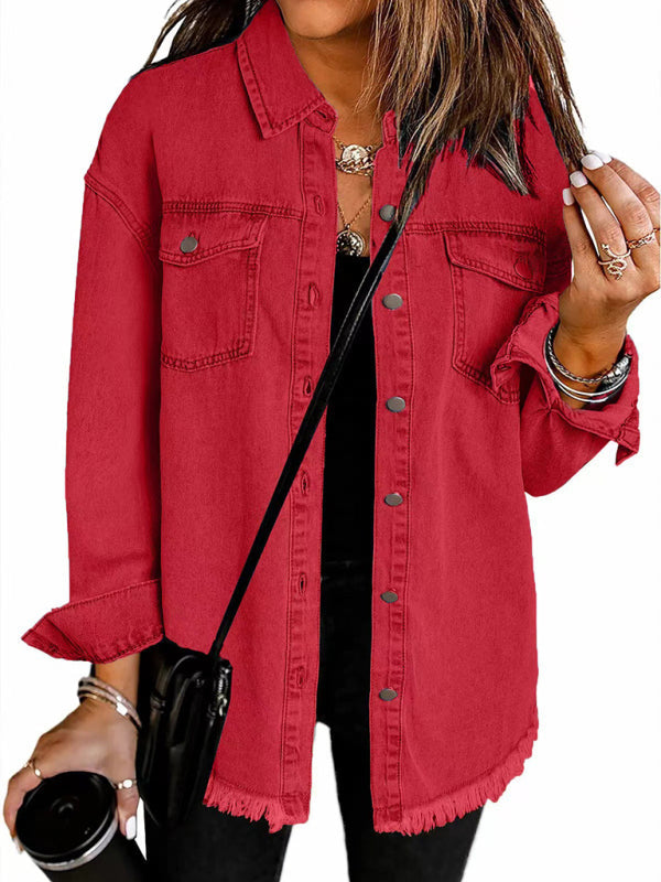 New Washed Denim Shirt Jacket - Red / S
