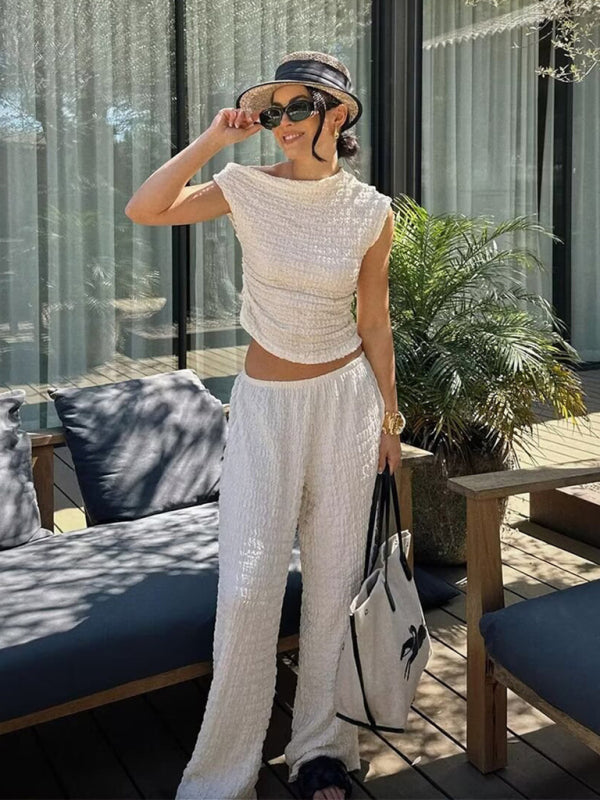 New Women’s Asymmetric Top High Waist Pants Suit - Cream / S