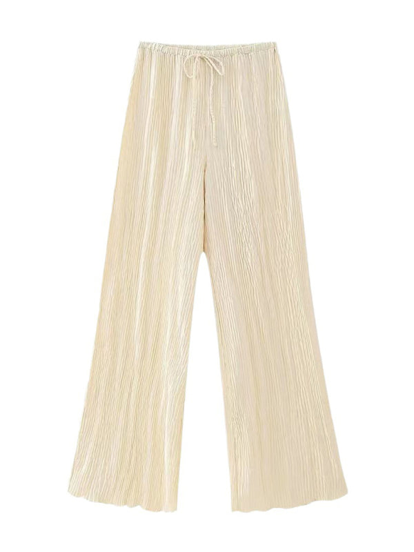 New women’s asymmetrical halterneck top/elastic waist casual pleated pants - Light yellow / XS