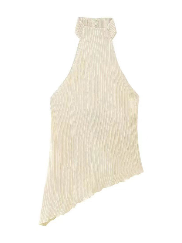 New women’s asymmetrical halterneck top/elastic waist casual pleated pants - Yellow / XS