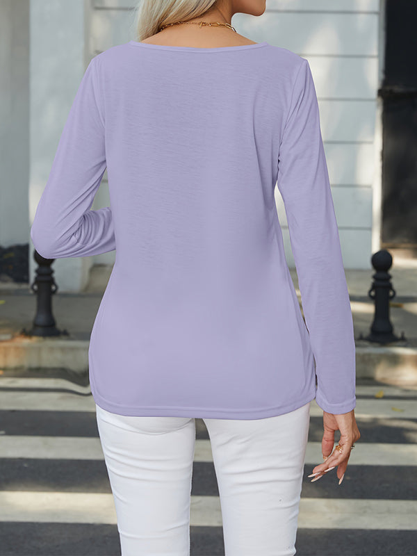 New Women’s Button Decorated Round Neck Casual Long Sleeve T-Shirt