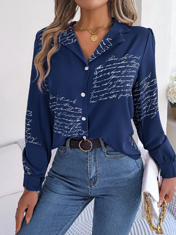 New women’s casual all-match letter suit collar long-sleeved shirt - Purplish blue navy / S