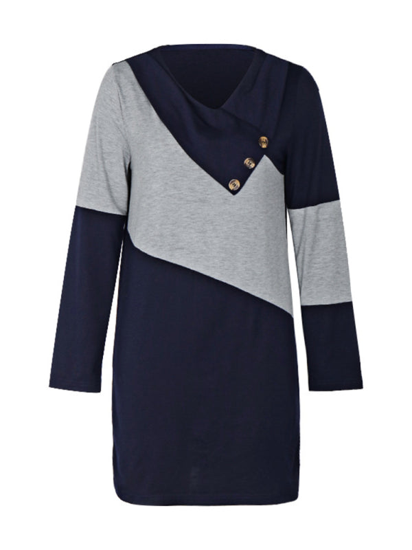 New women's casual color block long sleeve sweatshirt dress - Closther
