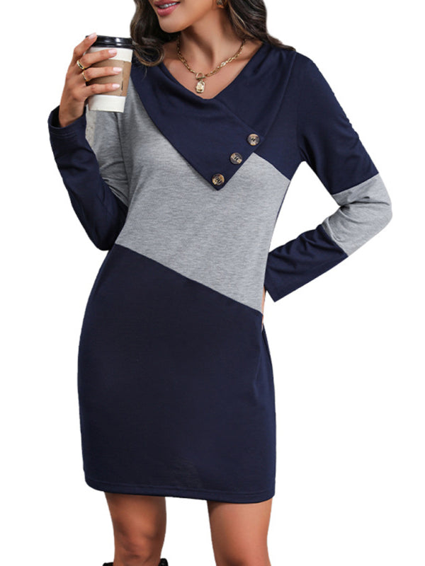 New women's casual color block long sleeve sweatshirt dress - Closther