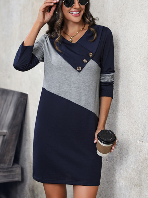 New women's casual color block long sleeve sweatshirt dress - Closther